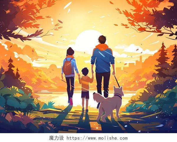 公园里养狗的一家人背影卡通AI插画秋天家庭出游